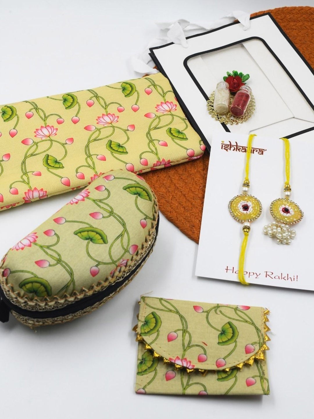 

ISHKAARA Set f 5 Evil Eye Beaded Rakhi Gift Set With Roli Chawal, Yellow