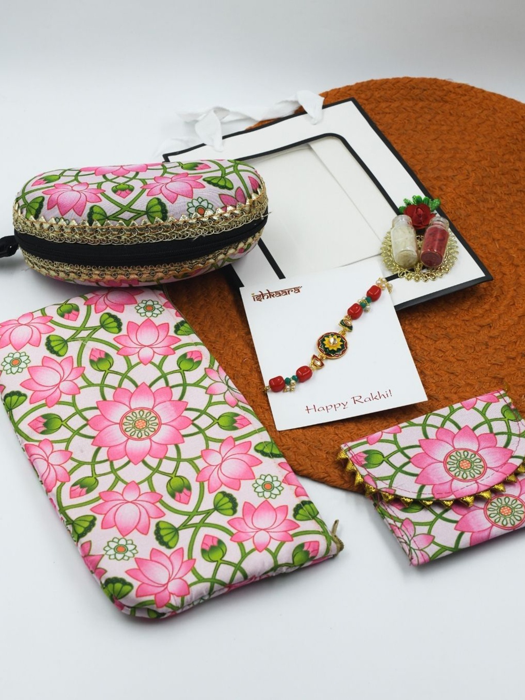 

ISHKAARA Set Of 5 Meenakari Rakhi With Floral Printed Pouches, Red