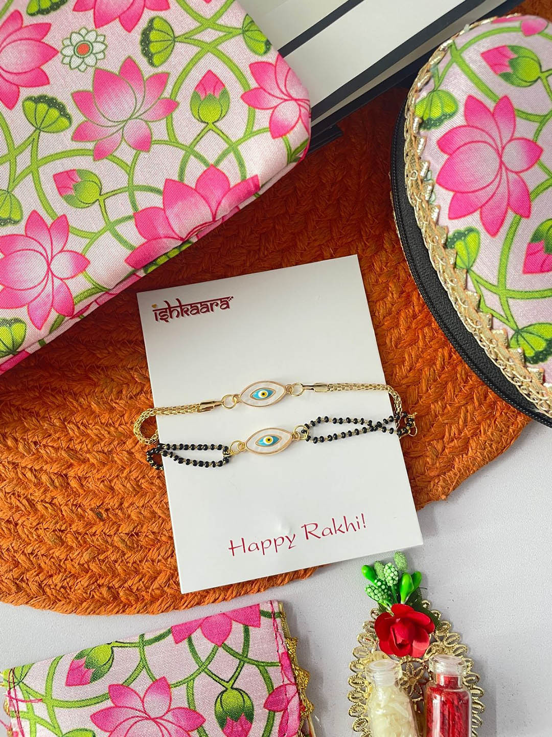

ISHKAARA Set Of 5 Stone Studded & Beaded Rakhi Gift Set With Roli Chawal, Gold