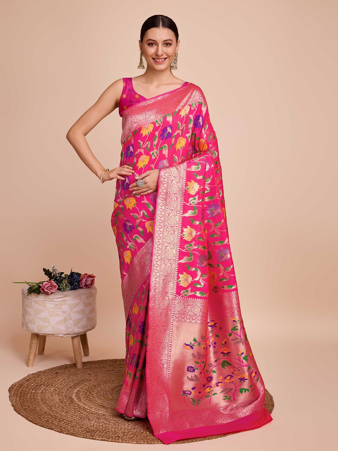 

Panzora Floral Woven Design Zari Paithani Saree, Pink