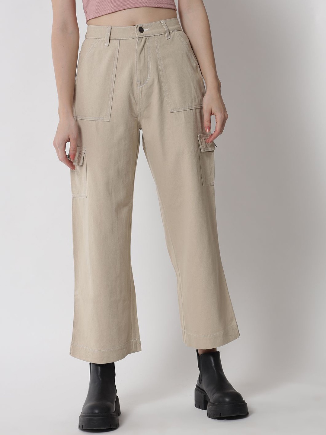 

River Of Design Jeans Women Wide Leg High-Rise Denim Cargo Jeans, Beige