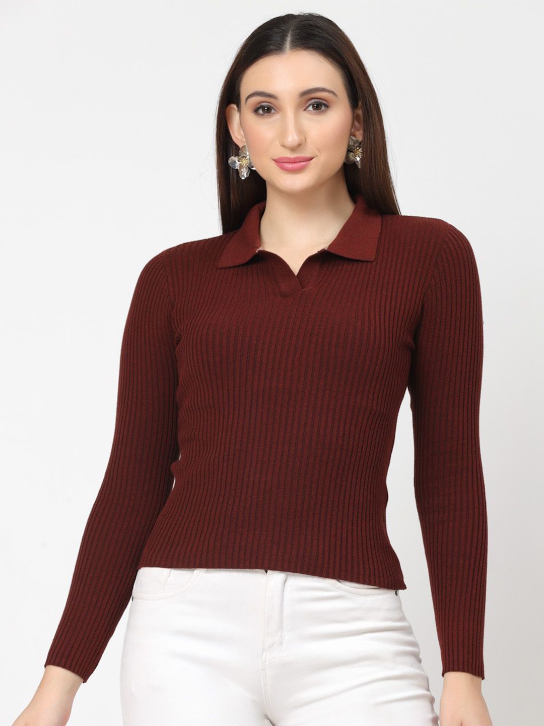 

Kalt Women Self Design Ribbed Shirt Collar Cotton Top, Rust