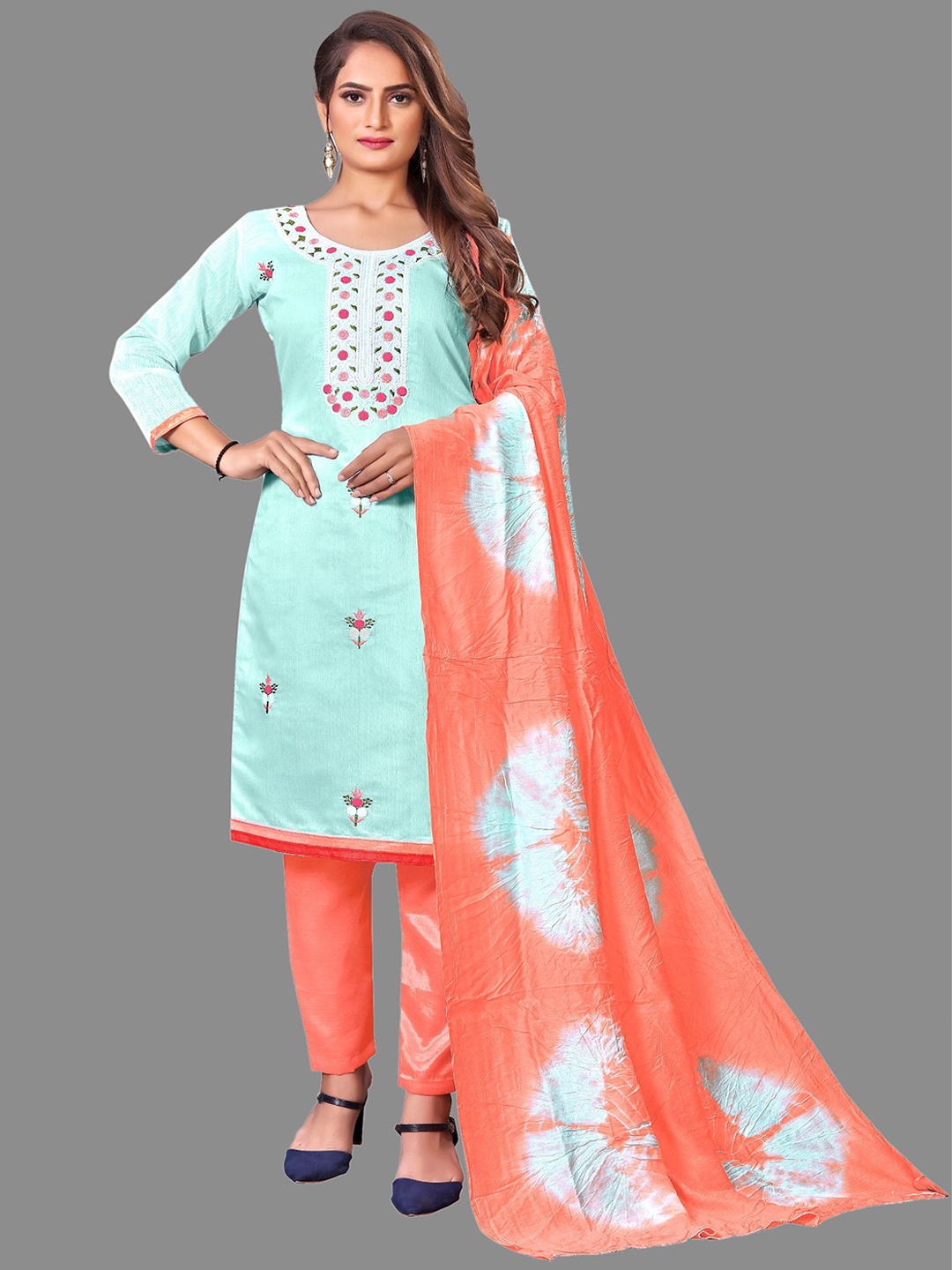 

JULEE Ethnic Motifs Embroidered Thread Work Unstitched Dress Material, Sea green