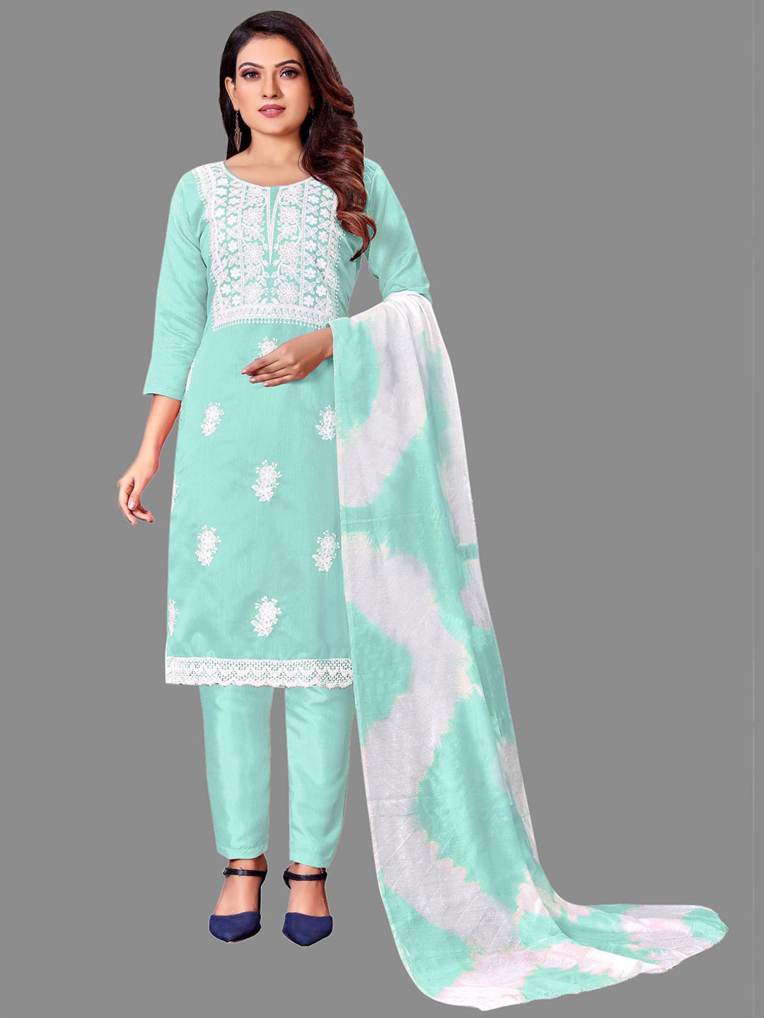 

JULEE Ethnic Motifs Embroidered Thread Work Unstitched Dress Material, Sea green