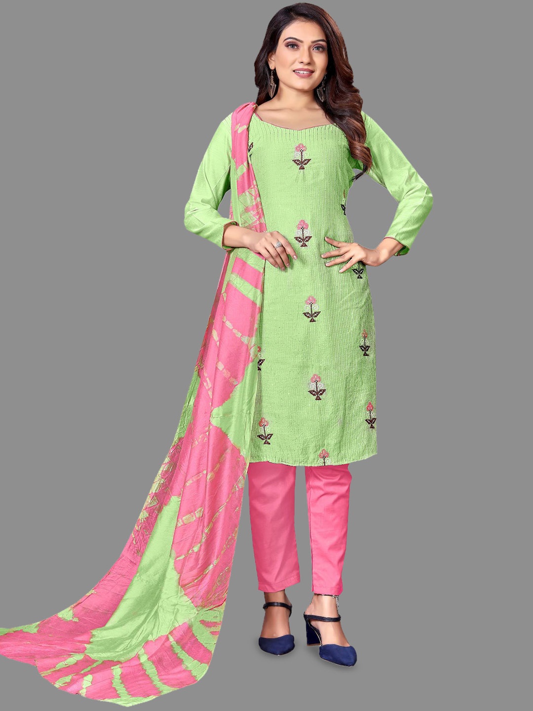 

JULEE Ethnic Motifs Embroidered Unstitched Dress Material, Lime green