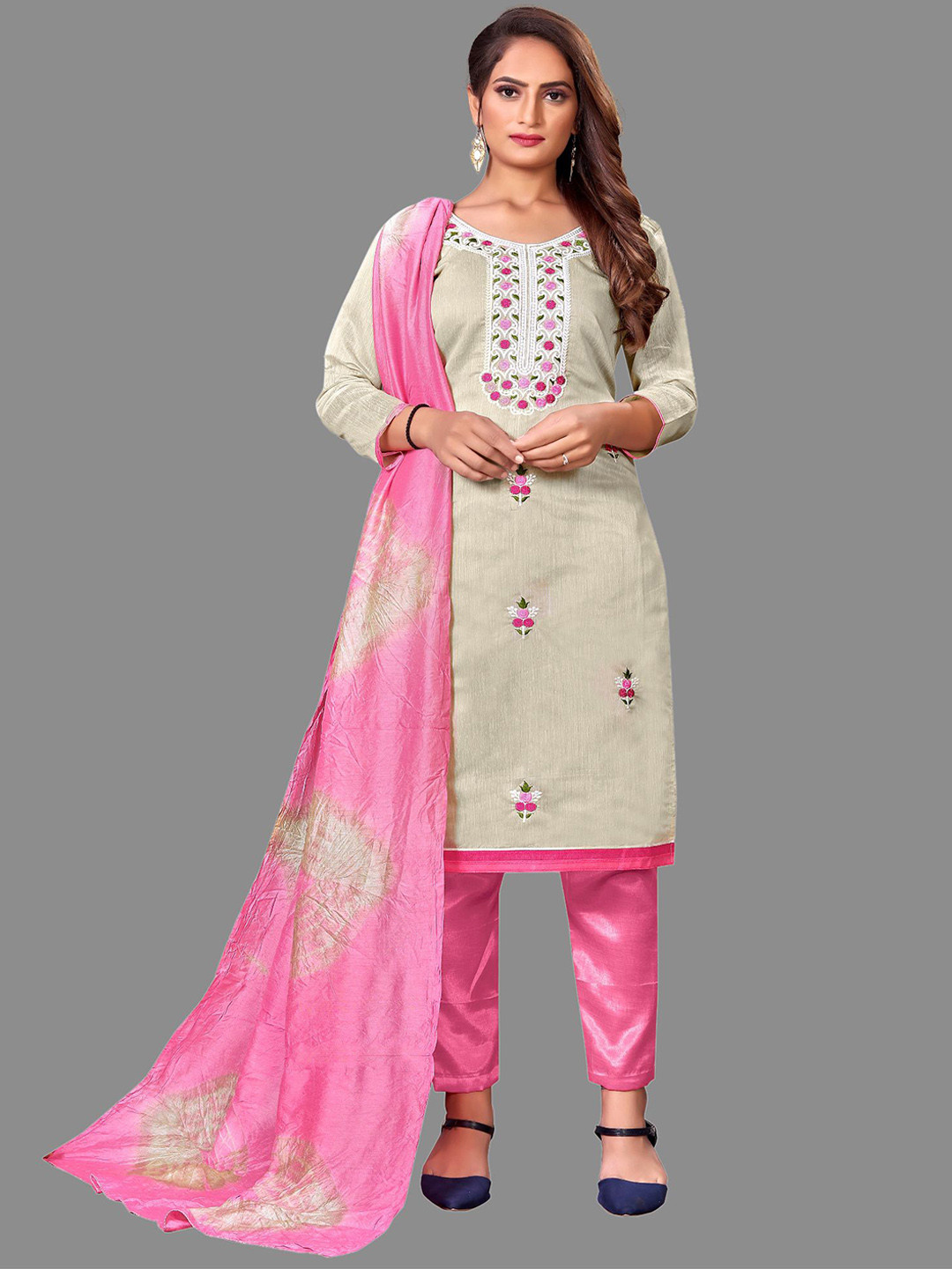 

JULEE Ethnic Motifs Embroidered Thread Work Unstitched Dress Material, Cream