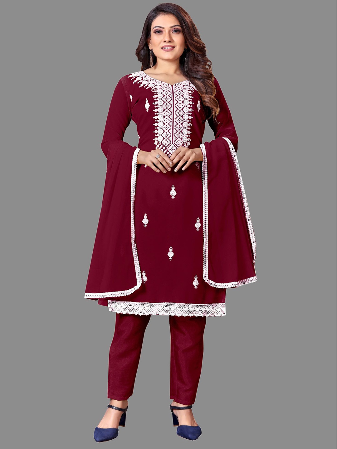 

JULEE Ethnic Motifs Embroidered Thread Work Unstitched Dress Material, Maroon