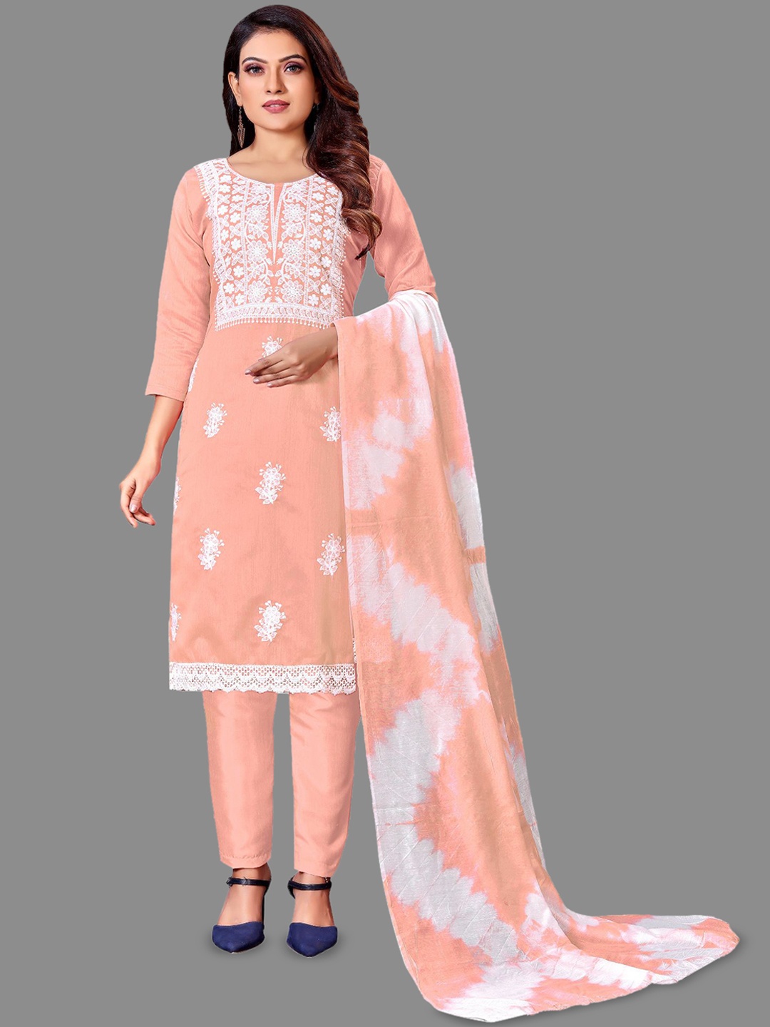 

JULEE Ethnic Motifs Embroidered Thread Work Unstitched Dress Material, Peach