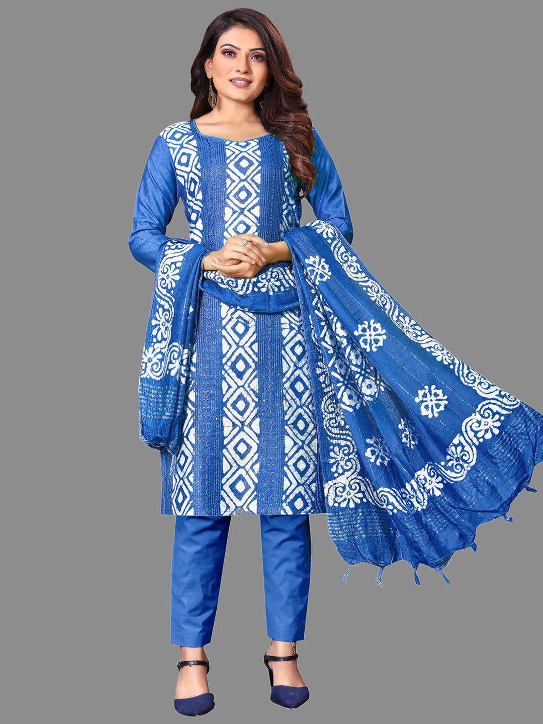 

JULEE Ethnic Motifs Printed Thread Work Unstitched Dress Material, Blue