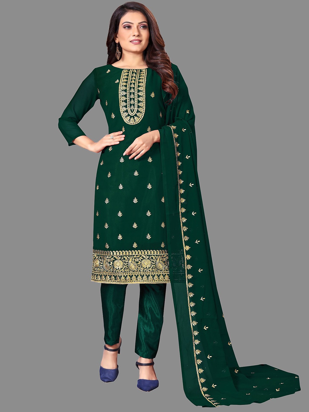 

JULEE Ethnic Motifs Embroidered Thread Work Unstitched Dress Material, Green