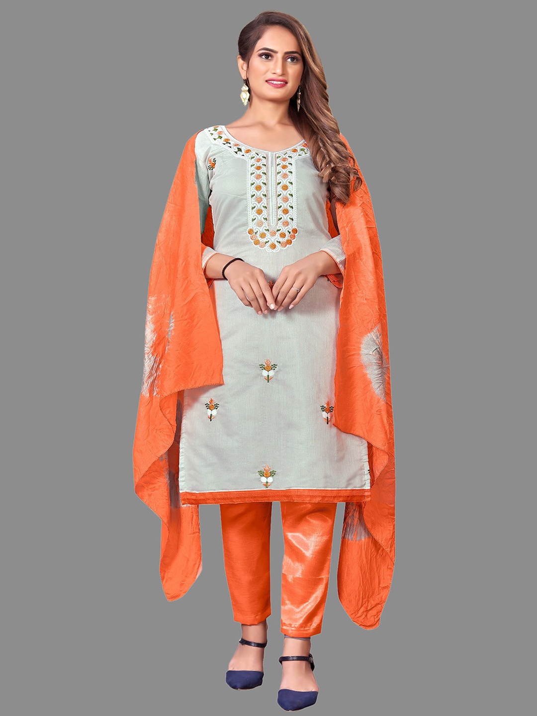 

JULEE Floral Embroidered Thread Work Unstitched Dress Material, Grey