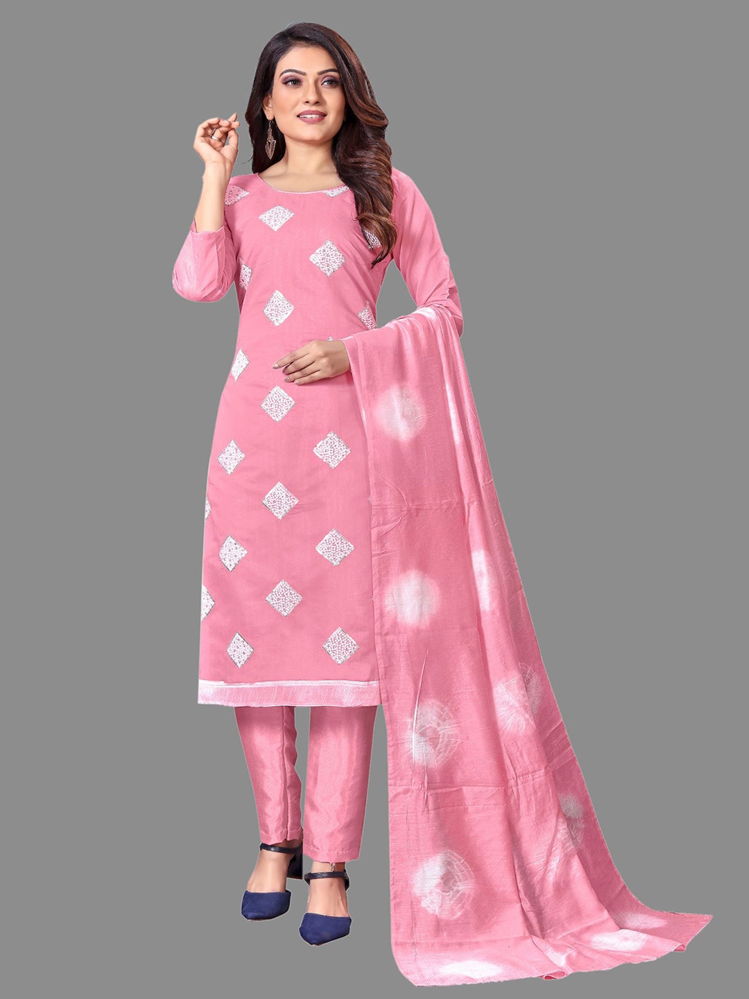 

JULEE Geometric Embroidered Thread Work Unstitched Dress Material, Pink