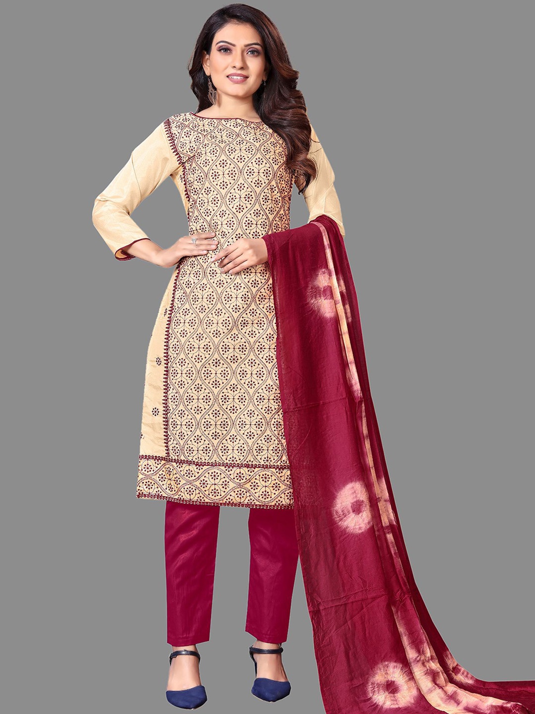 

JULEE Ethnic Motifs Embroidered Thread Work Unstitched Dress Material, Cream