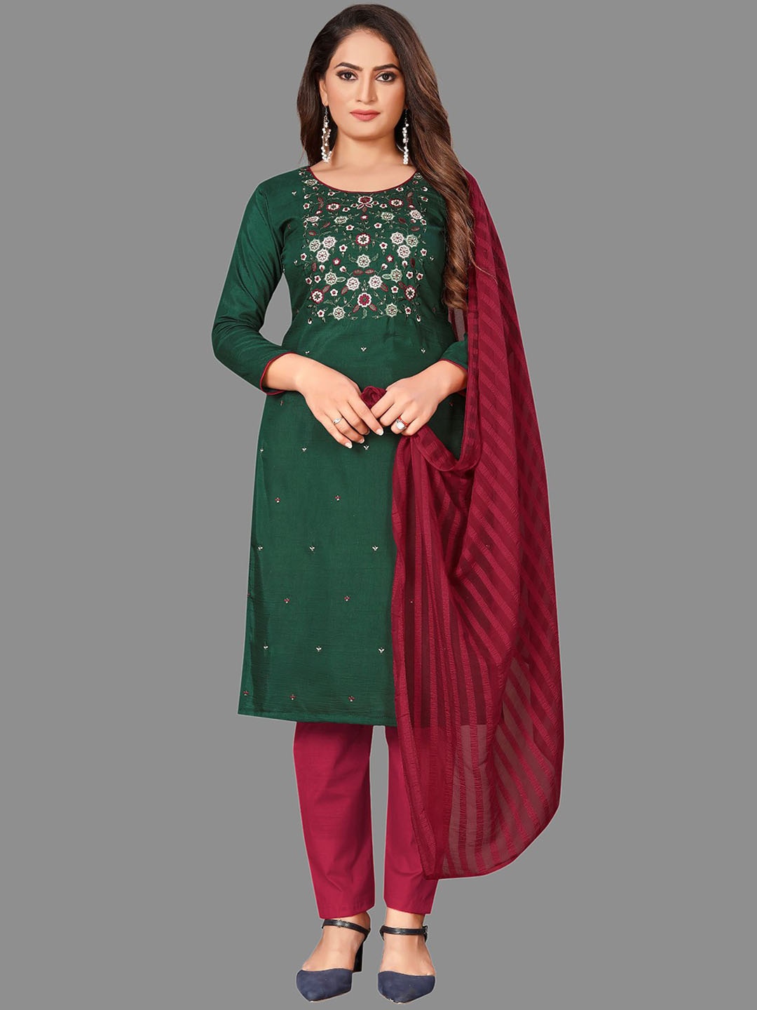 

JULEE Floral Embroidered Thread Work Unstitched Dress Material, Green