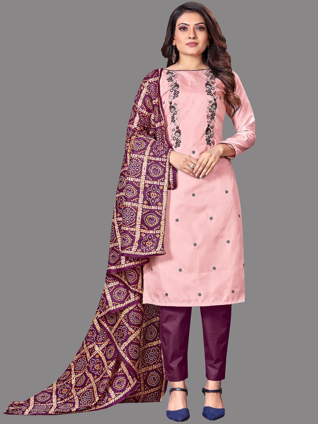 

JULEE Ethnic Motifs Embroidered Thread Work Unstitched Dress Material, Peach