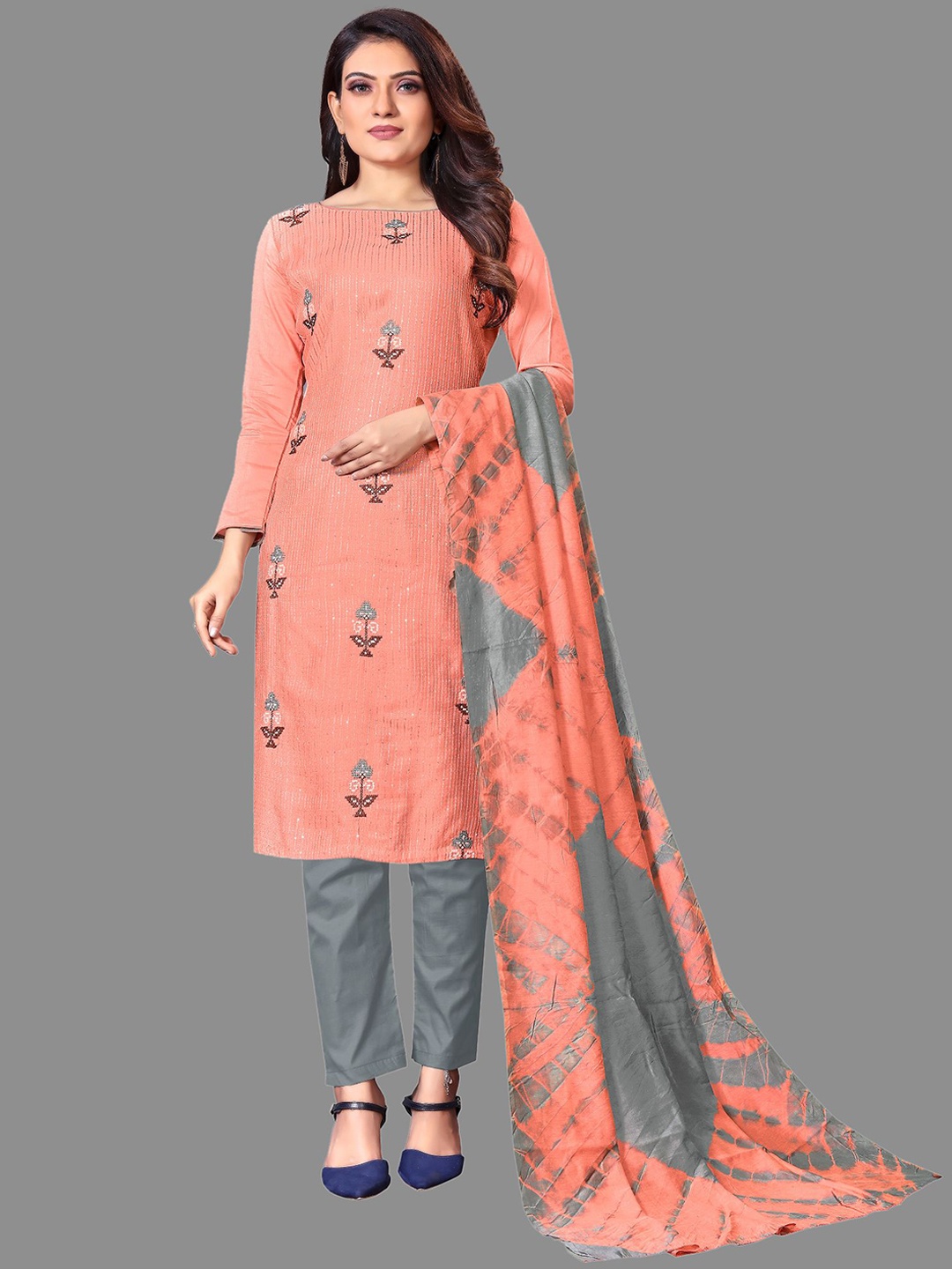 

JULEE Ethnic Motifs Embroidered Sequinned Unstitched Dress Material, Peach