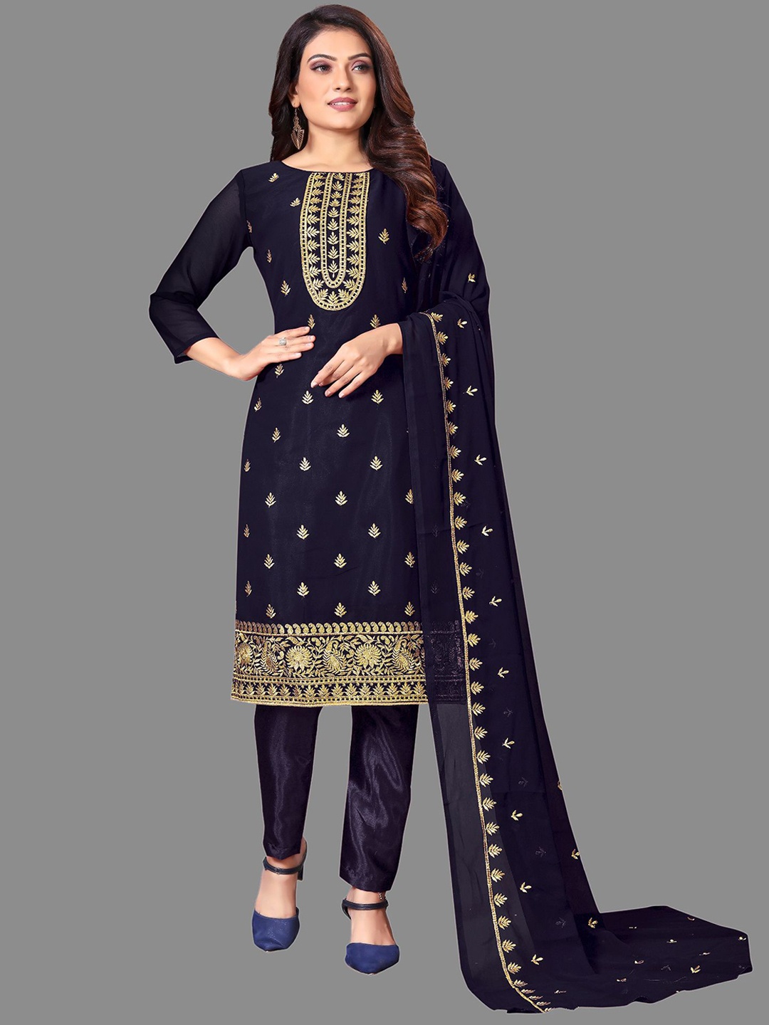 

JULEE Ethnic Motifs Embroidered Thread Work Unstitched Dress Material, Black
