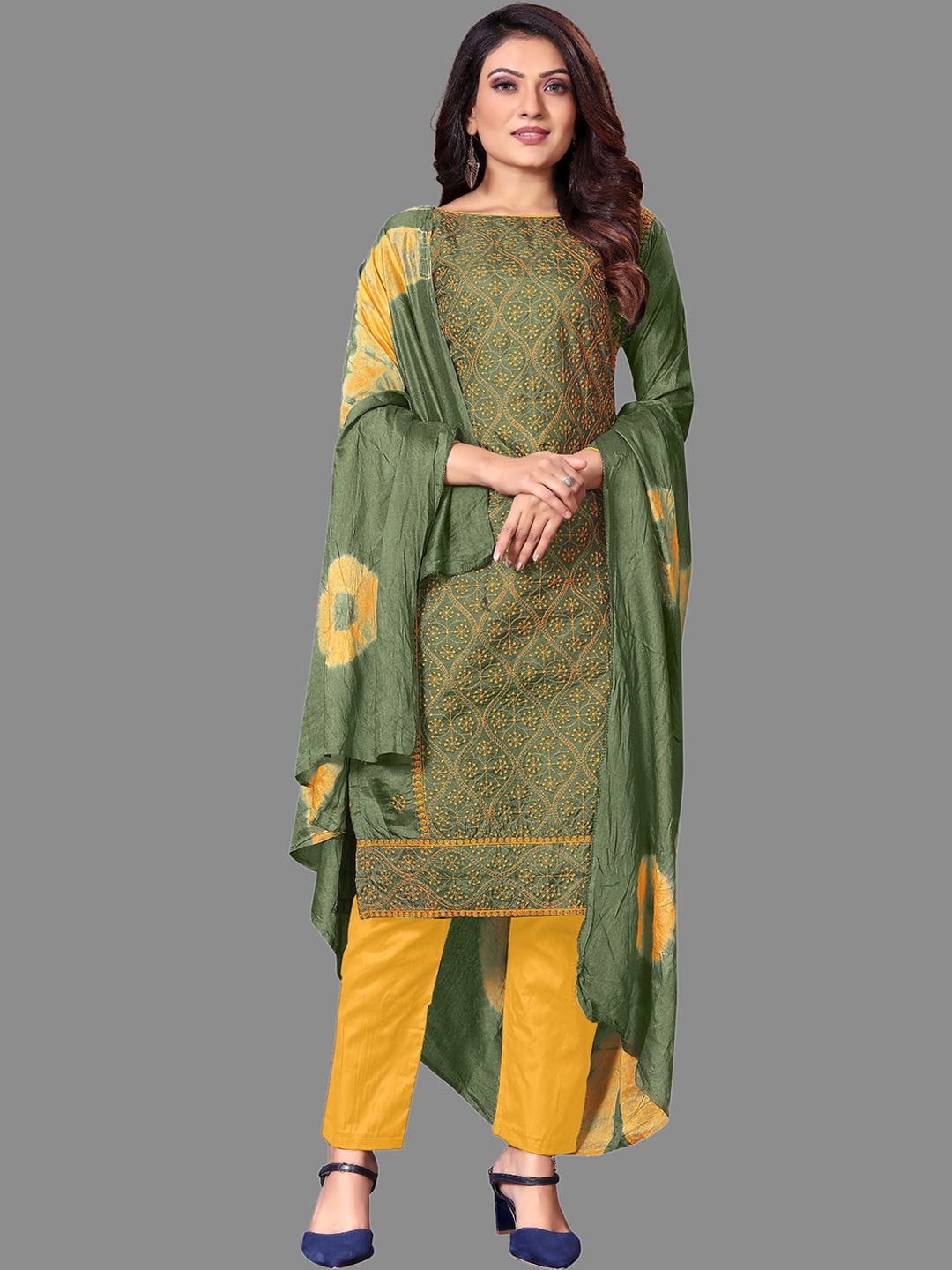 

JULEE Ethnic Motifs Embroidered Thread Work Unstitched Dress Material, Green