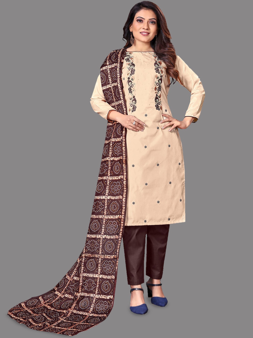 

JULEE Floral Embroidered Thread Work Unstitched Dress Material, Beige