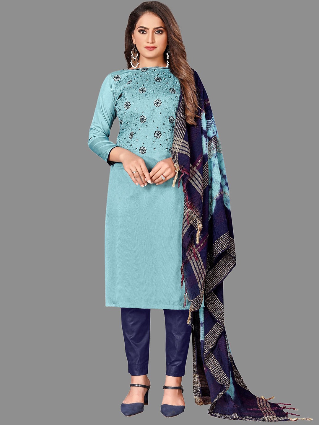 

JULEE Floral Embroidered Thread Work Unstitched Dress Material, Blue