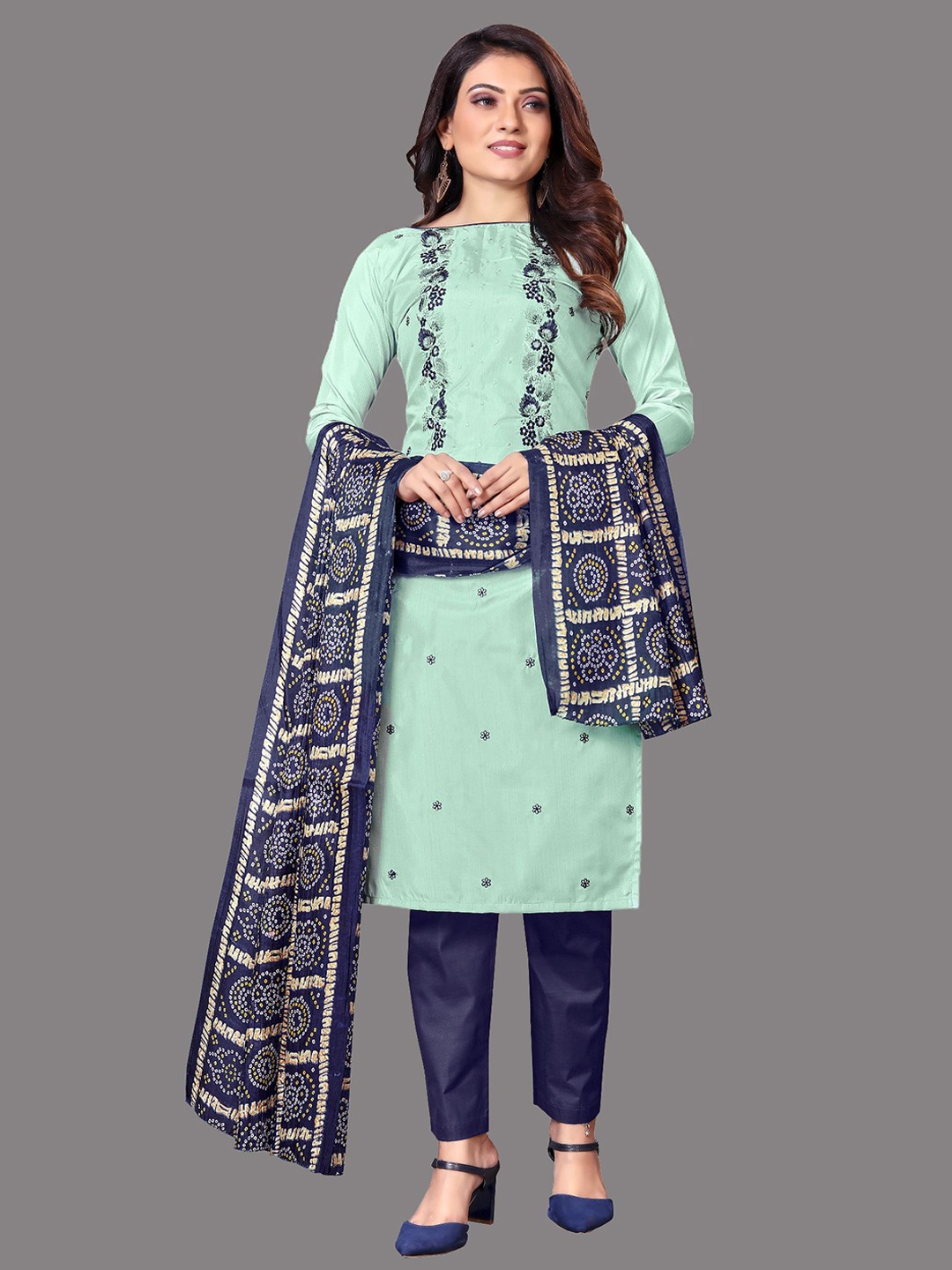 

JULEE Ethnic Motifs Embroidered Thread Work Unstitched Dress Material, Sea green