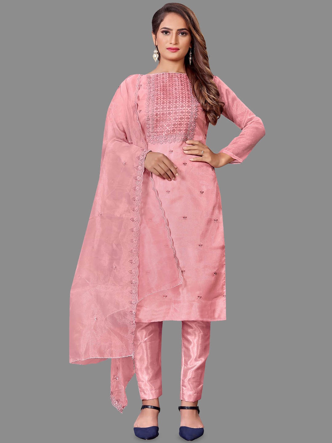 

JULEE Ethnic Motifs Embroidered Thread Work & Sequinned Unstitched Dress Material, Peach