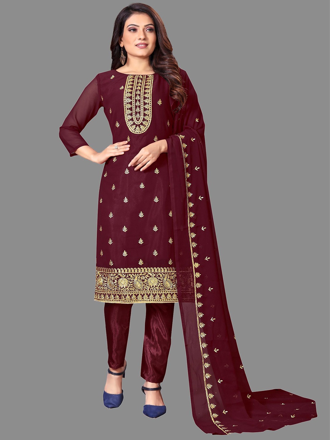 

JULEE Ethnic Motifs Embroidered Thread Work Unstitched Dress Material, Maroon