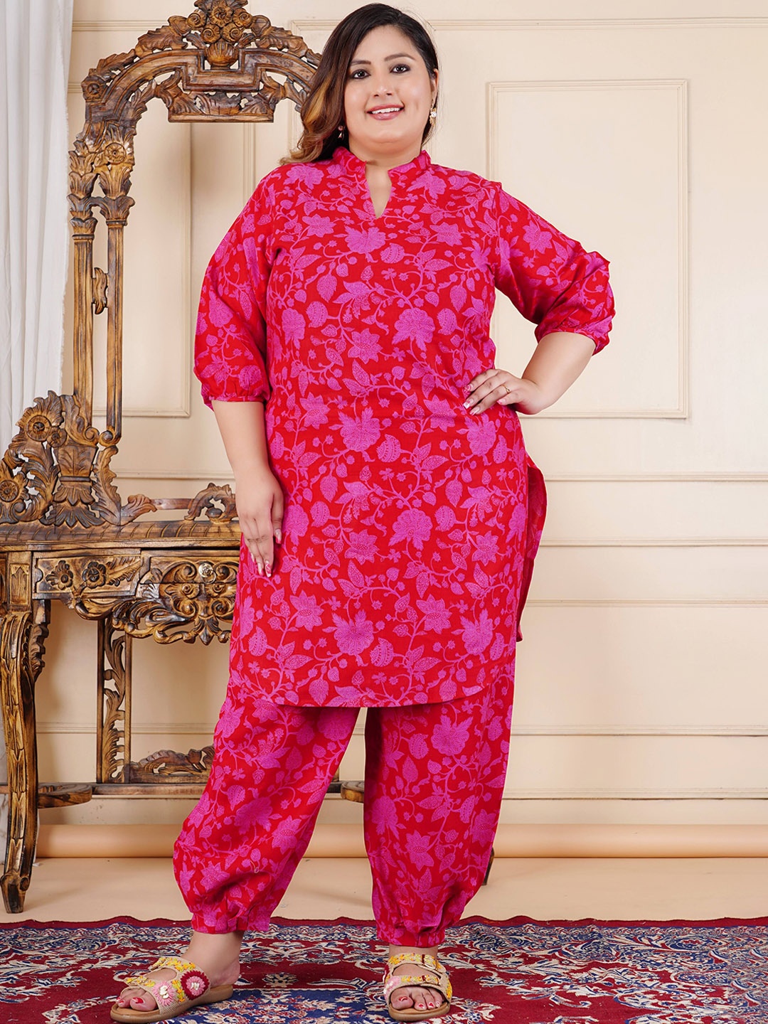 

Chaukas Plus Size Floral Printed Mandarin Collar Straight Kurta With Patiala, Rose