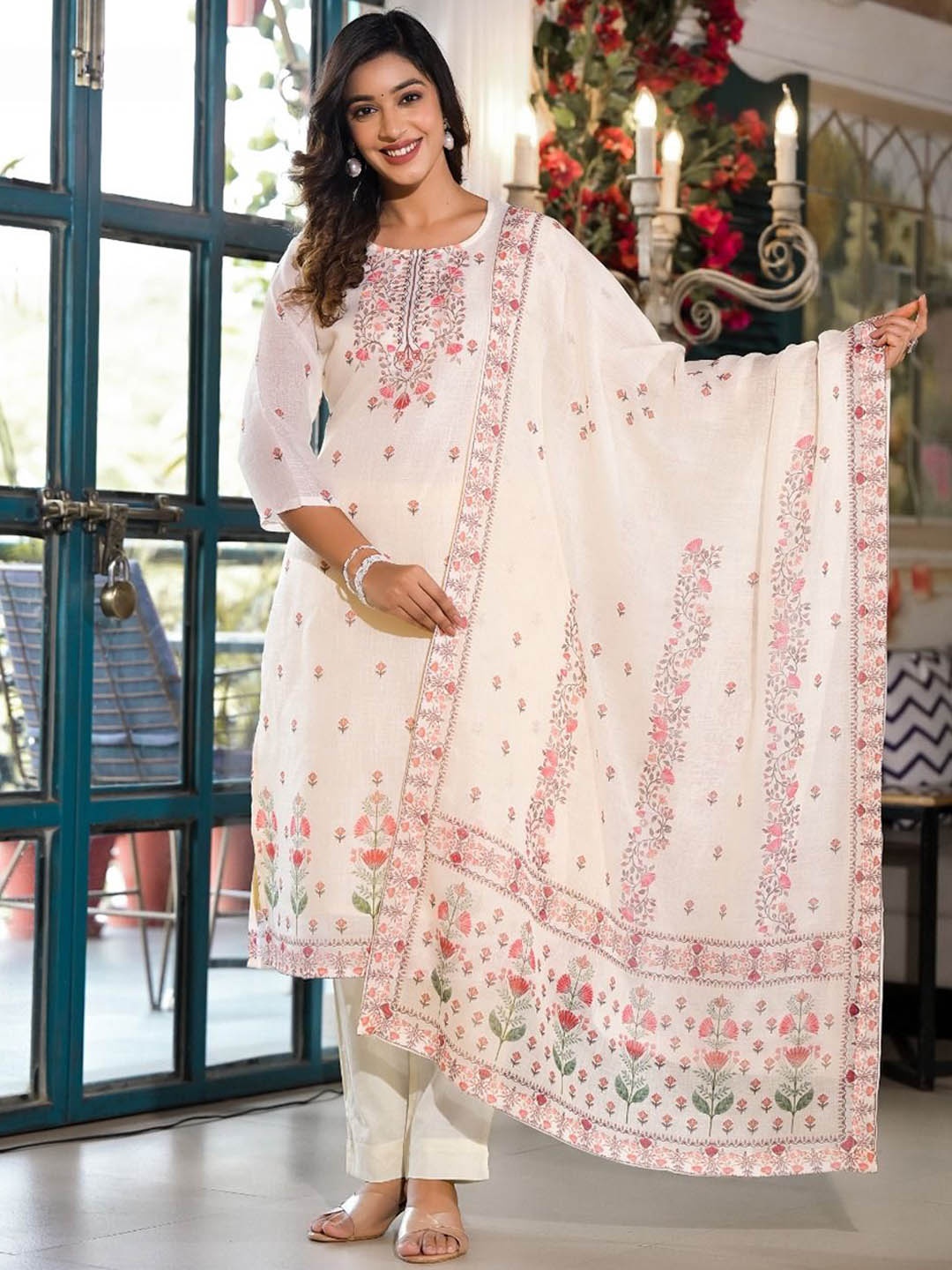 

Label Khoj Floral Embroidered Straight Kurta with Trousers & Dupatta, White