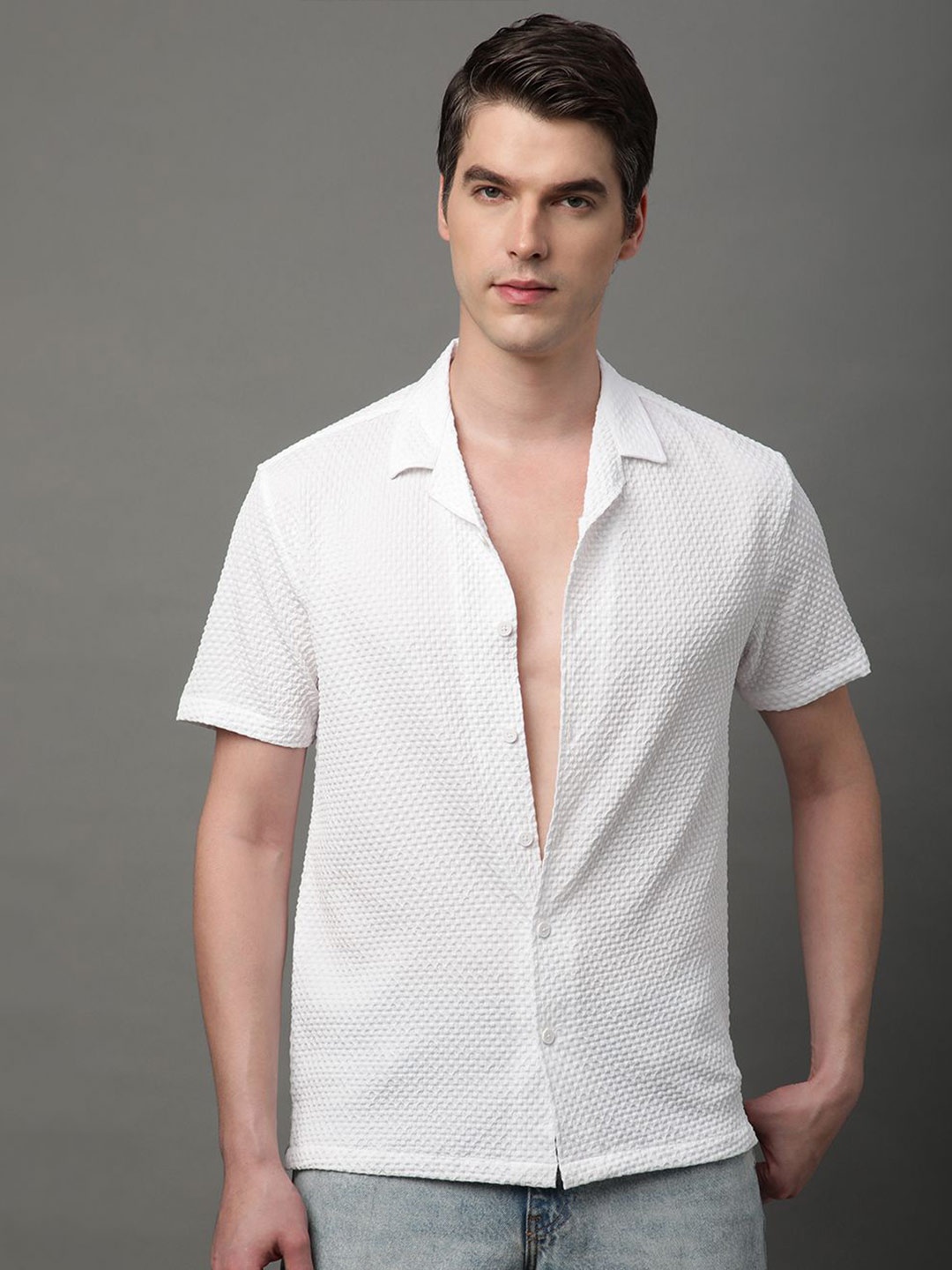 

Voroxy Men Relaxed Cuban Collar Textured Solid Polycotton Casual Shirt, White
