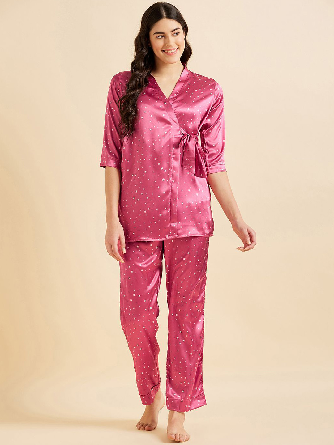 

Sweet Dreams Women Printed Satin Top and Pyjamas Night suit, Rose
