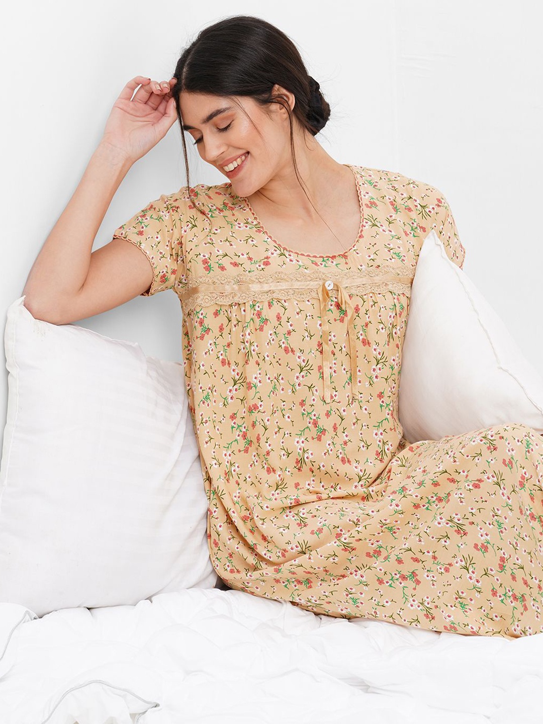 

Sweet Dreams Women Floral Printed Maxi Nightdress, Peach