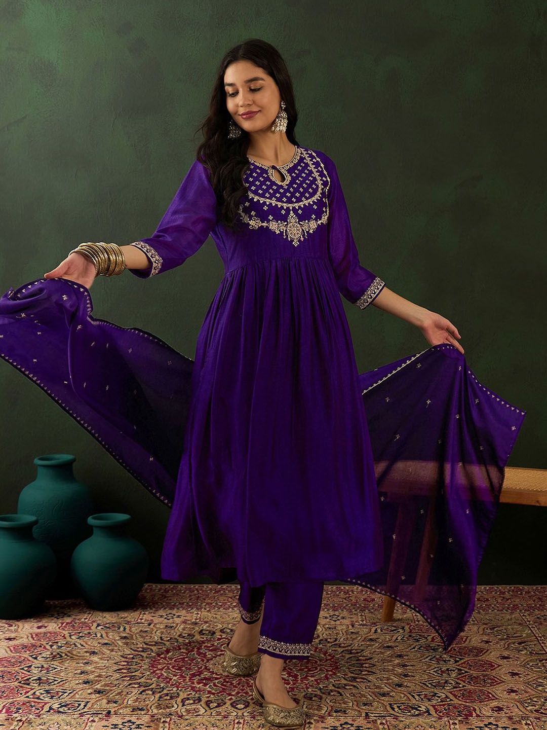 

Sangria Purple Ethnic Motifs Embroidered Keyhole Neck A-Line Kurta With Trouser & Dupatta