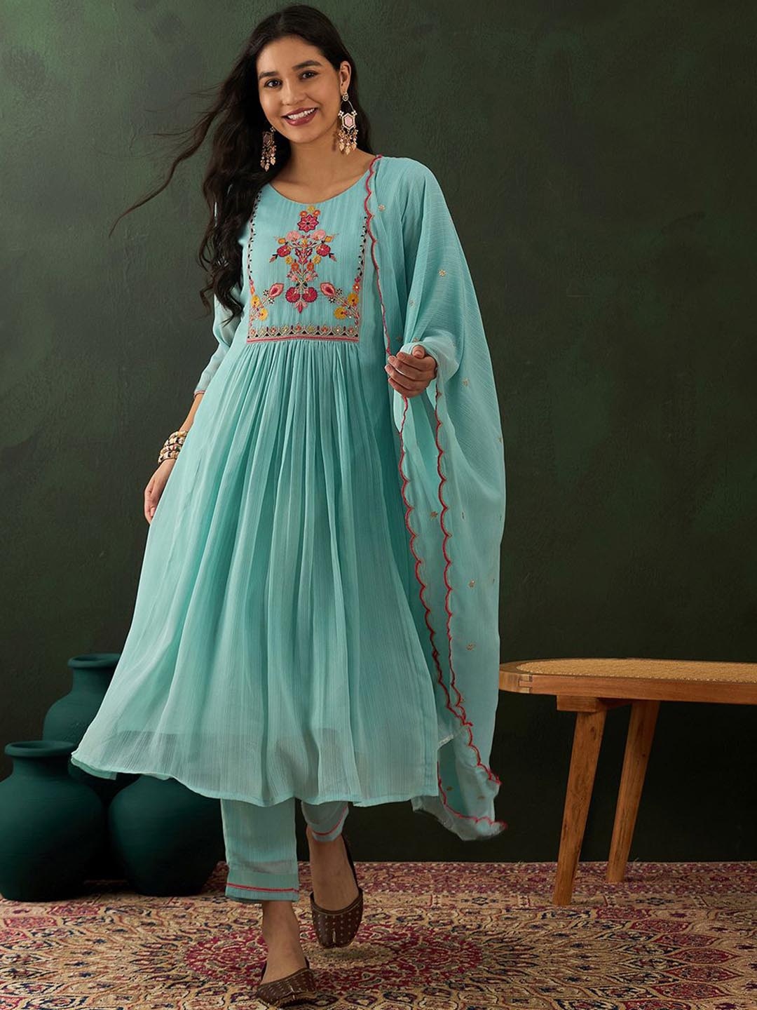 

Sangria Blue Floral Embroidered Zari Sequince Anarkali Kurta With Trousers And Dupatta, Turquoise blue