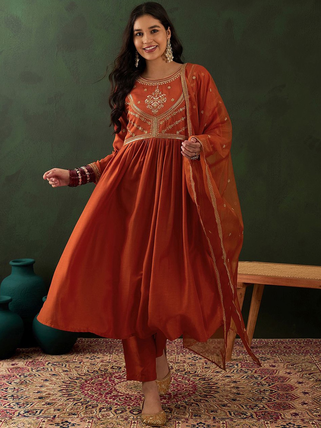 

Sangria Orange Ethnic Motifs Embroidered Sequinned A-Line Kurta With Trouser & Dupatta