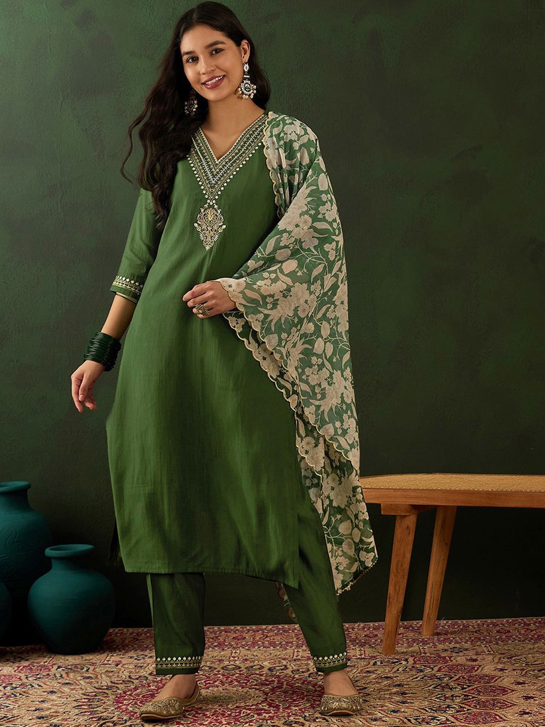 

Sangria Green Floral Emboidered V-Neck Kurta With Trousers & Dupatta