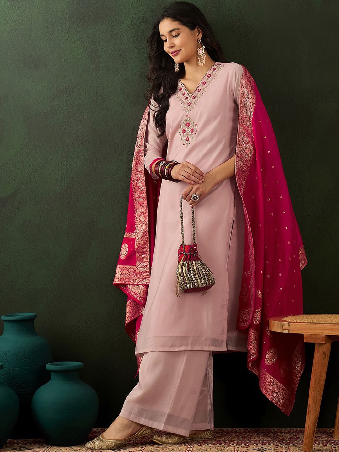 

Sangria Peach Floral Embroidered V-Neck Straight Kurta With Palazzo & Dupatta
