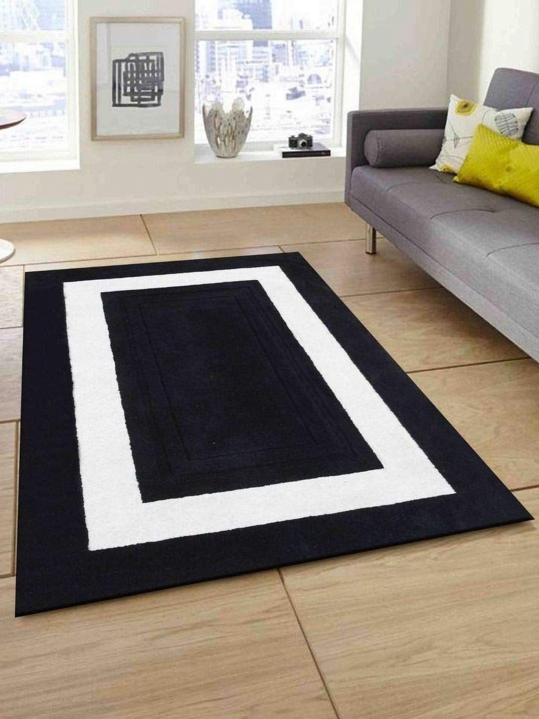 

IMRA CARPET Black & White Geometric Printed Shaggy Carpet