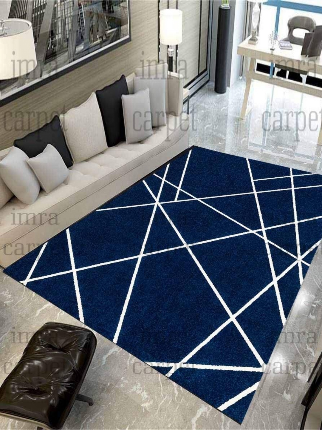 

IMRA CARPET Blue & White Geometric Anti-Skid Woollen Carpet