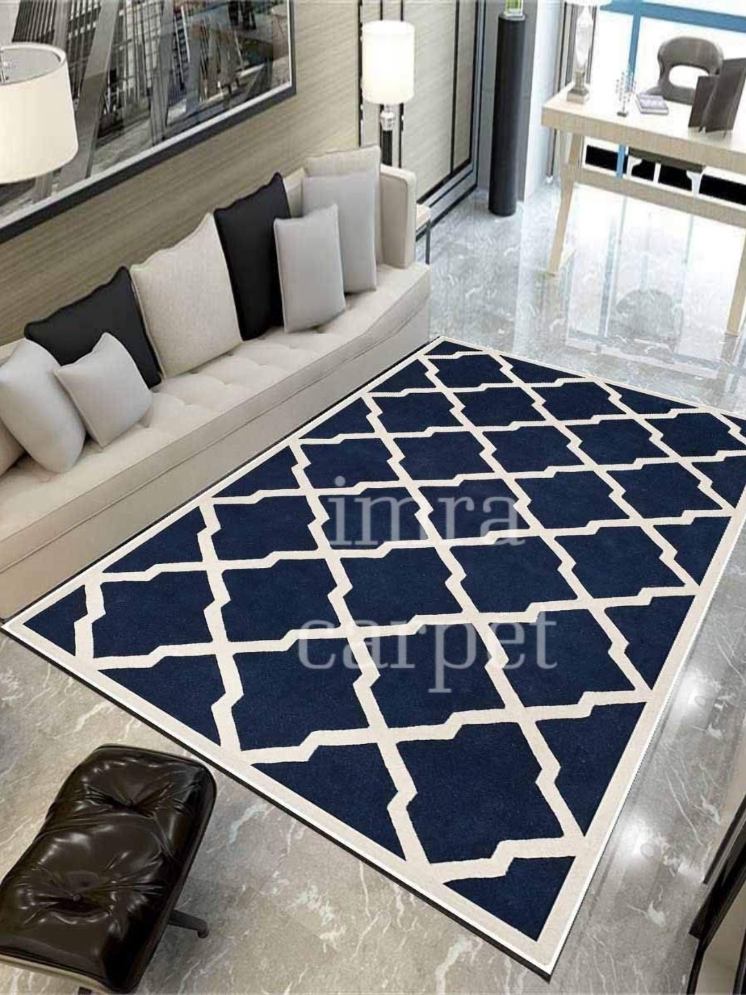 

IMRA CARPET Blue & White Geometric Woollen Carpet