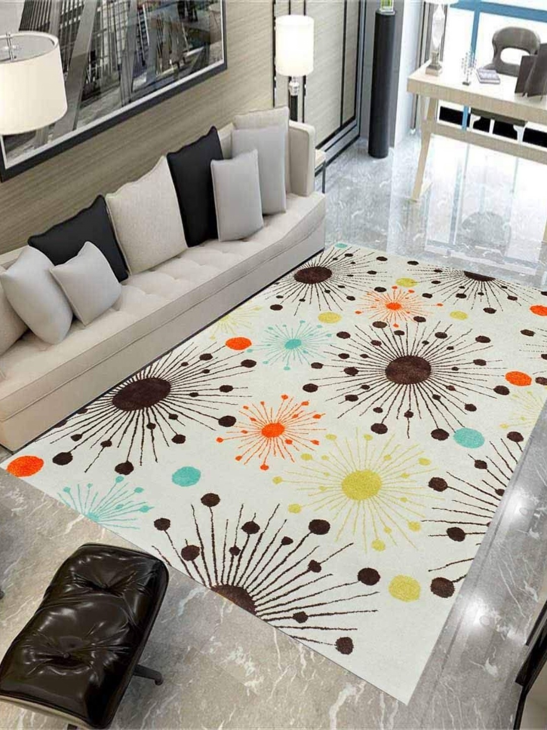 

IMRA CARPET White & Brown Abstract Anti-Skid Woollen Shaggy Rectangle Carpet