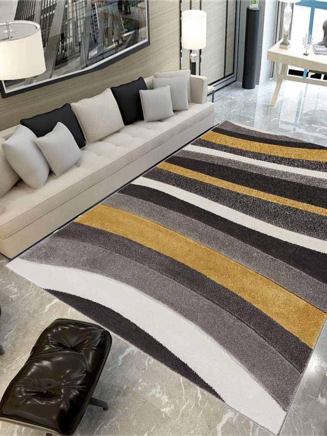 

IMRA CARPET Grey & Mustard Yellow Abstract Printed Anti-Skid Woollen Carpet