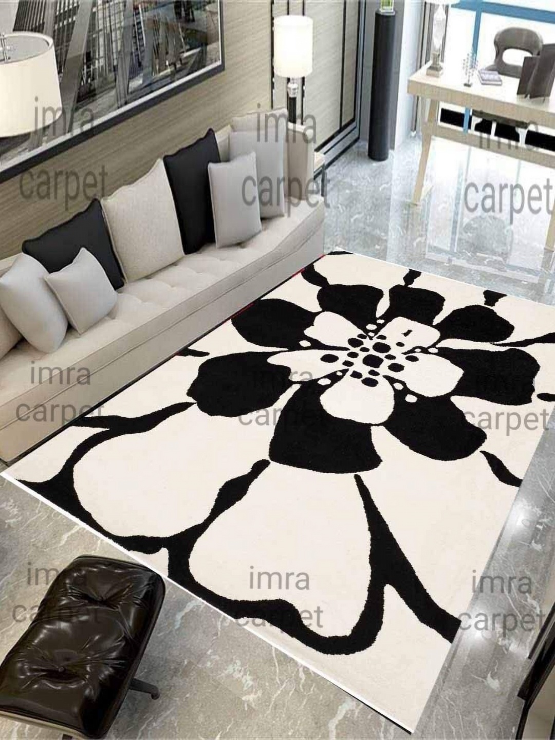 

IMRA CARPET White & Black Floral Prinetd Hand-Tufted Woollen Shaggy Carpet