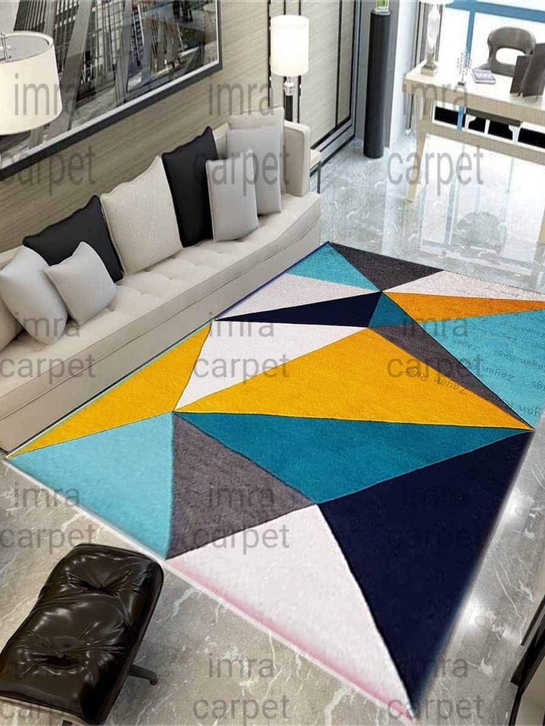 

IMRA CARPET Blue Geometric Printed Shaggy Woollen Carpet