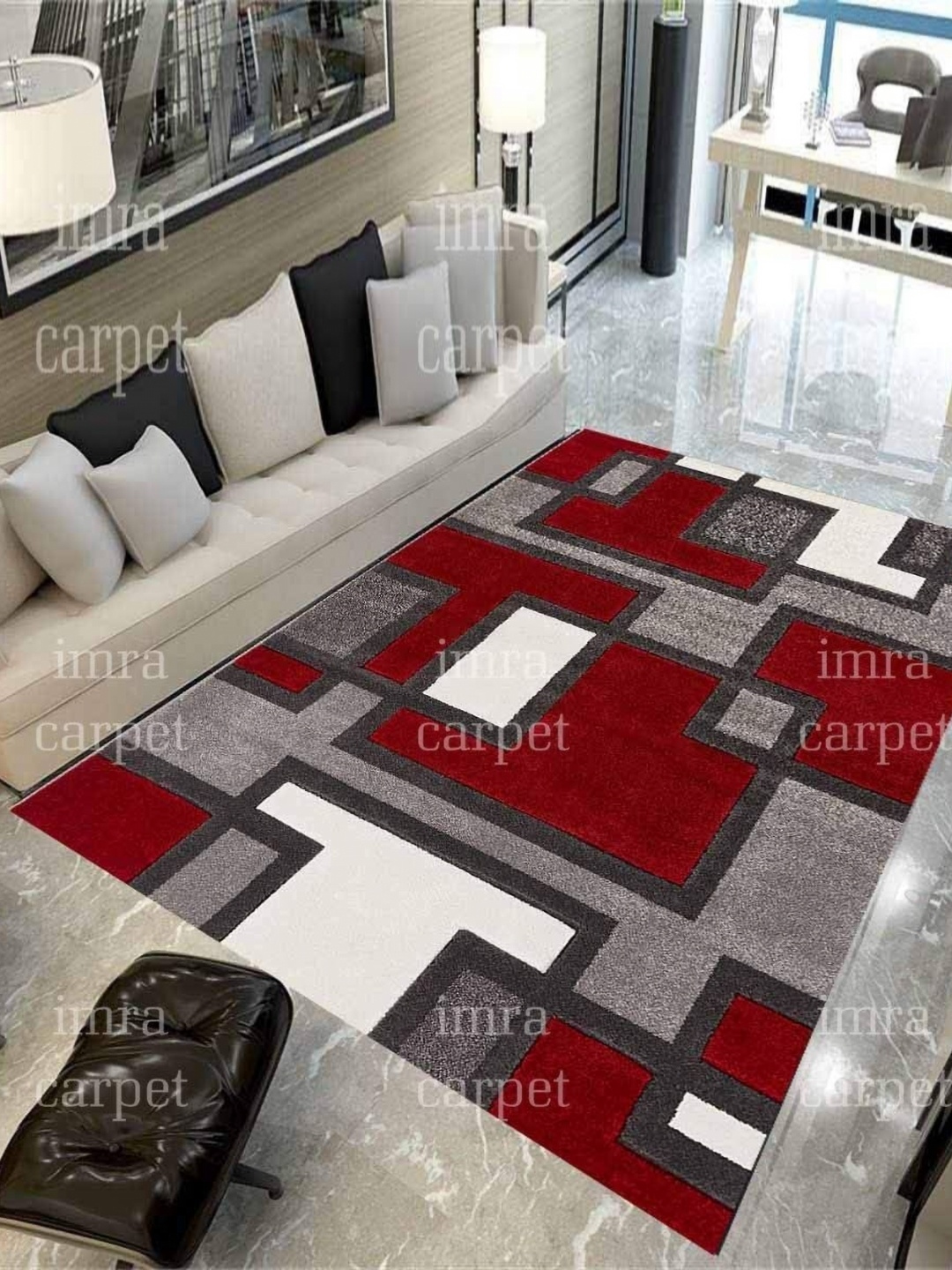 

IMRA CARPET Grey & Red Geometric Woollen Carpet