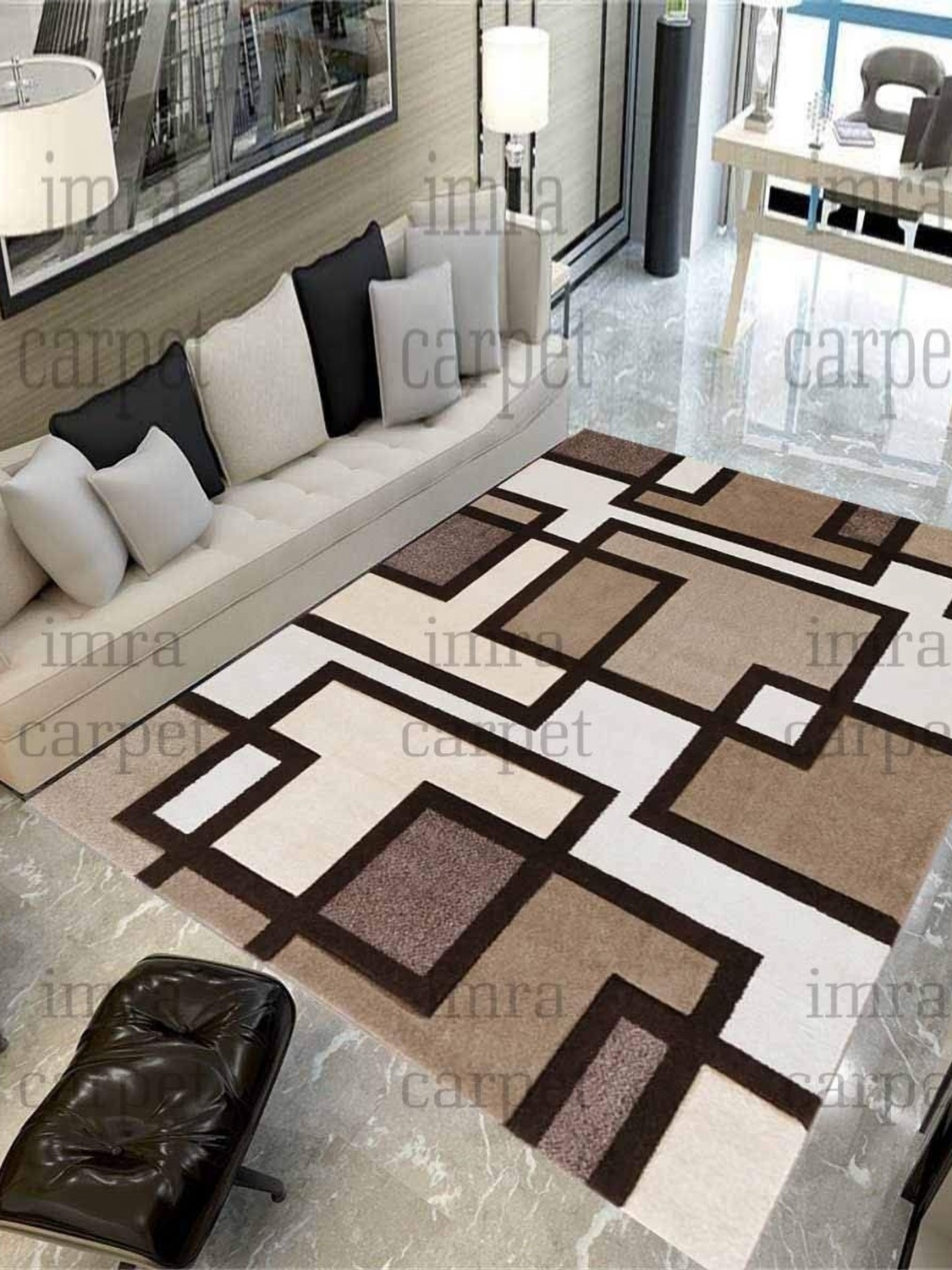 

IMRA CARPET Camel Brown & White Geometric Anti Skid Woollen Shaggy Carpet