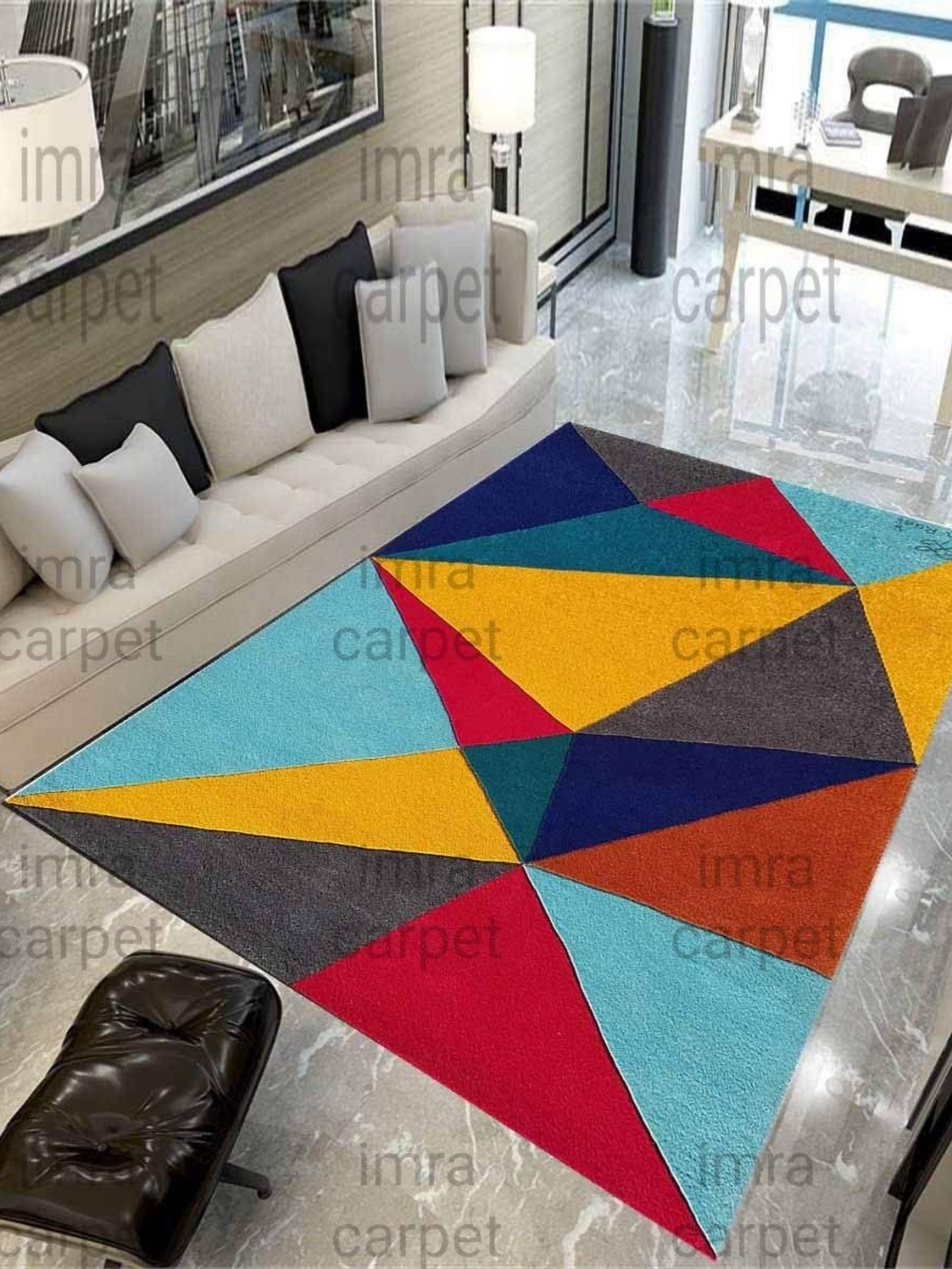 

IMRA CARPET Yellow & Teal Blue Geometric Hand-Tufted Woollen Shaggy Carpet