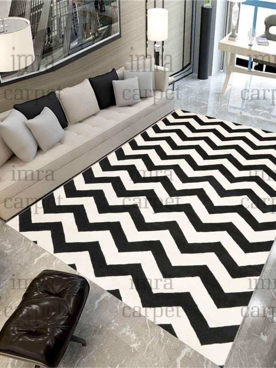 

IMRA CARPET Black & White Geometric Printed Woollen Carpet