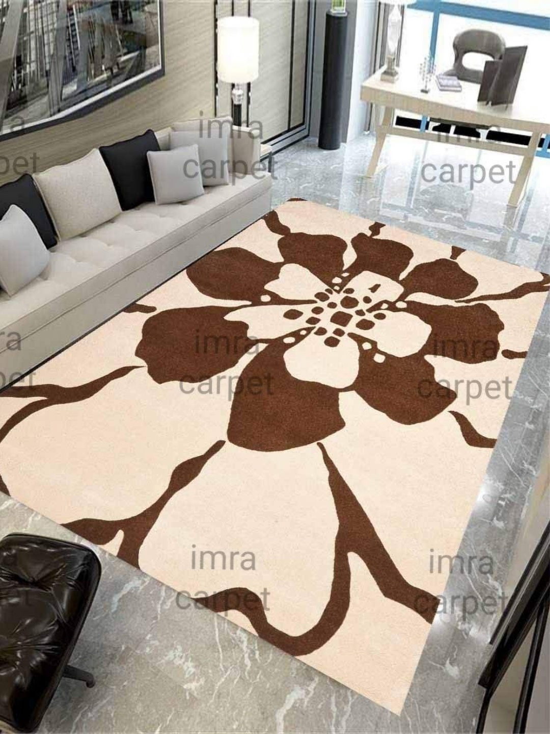 

IMRA CARPET Brown & Cream Floral Shaggy Rectangle Hand-Tufted Woollen Carpet