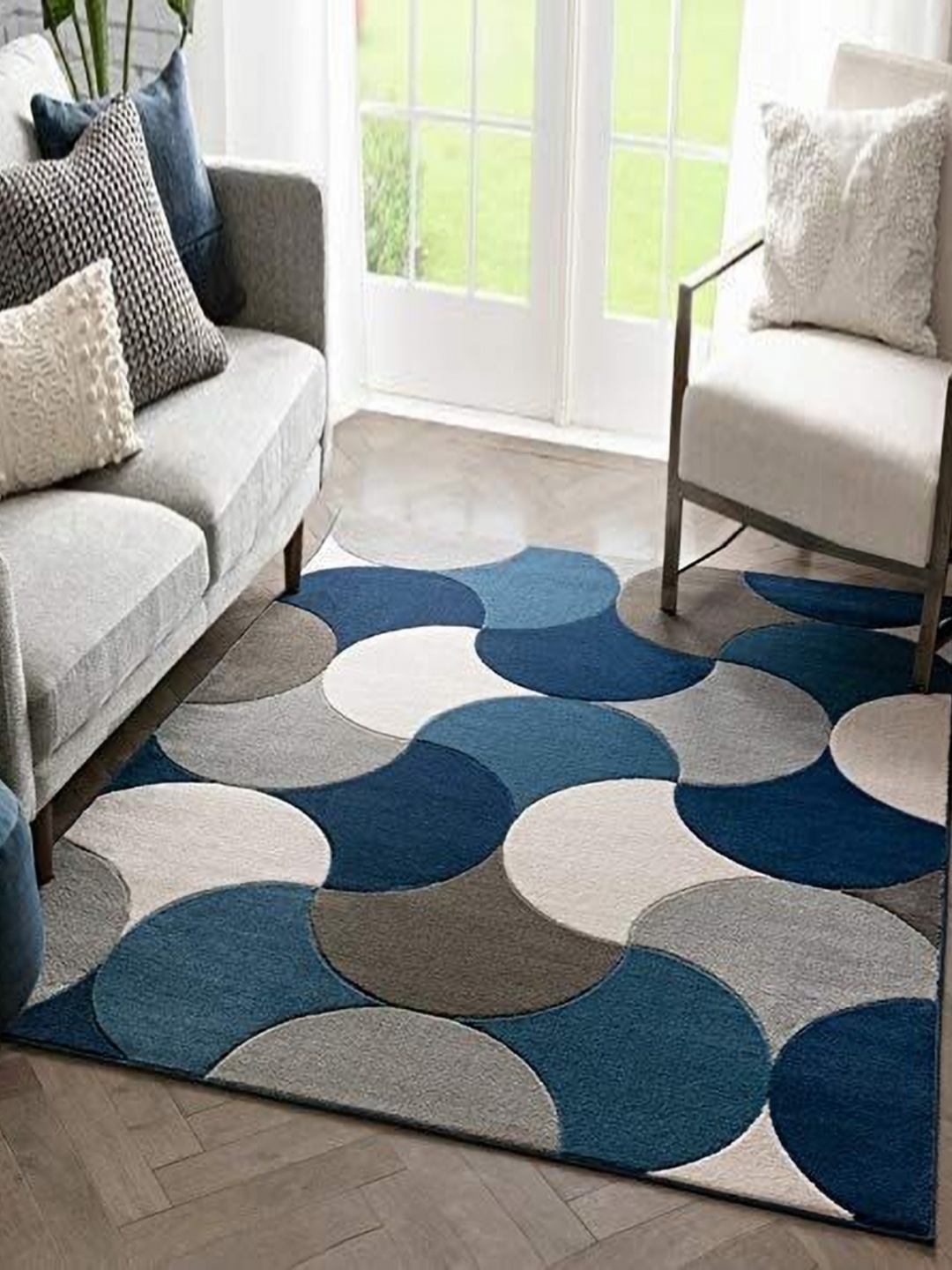 

IMRA CARPET Blue & White Geometric Woollen Shaggy Carpet